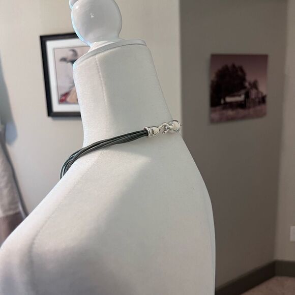 Artisan Olive Leather and Stamped Silver Pendant Necklace - Picture 7 of 15